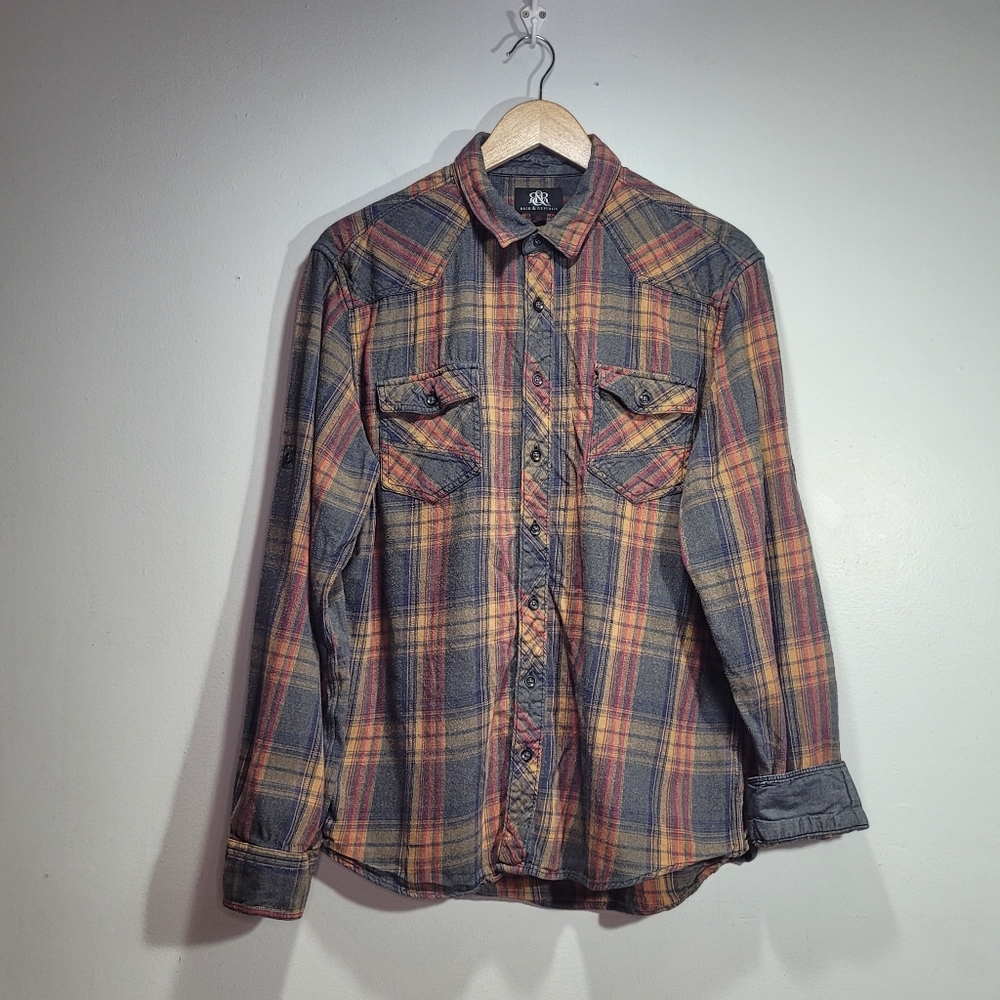 Rock & Republic Mens Size Large Cotton Flannel Long Sleeve Shirt Unique Plaid